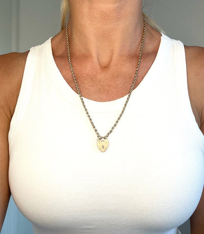 Antique 9 ct Rose Gold Oval Faceted Belcher Link Chain With Heart Padlock Clasp
