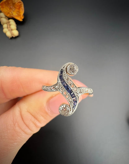 Antique Art Deco 18 Carat Gold And Platinum Sapphire Diamond Swirl Ring