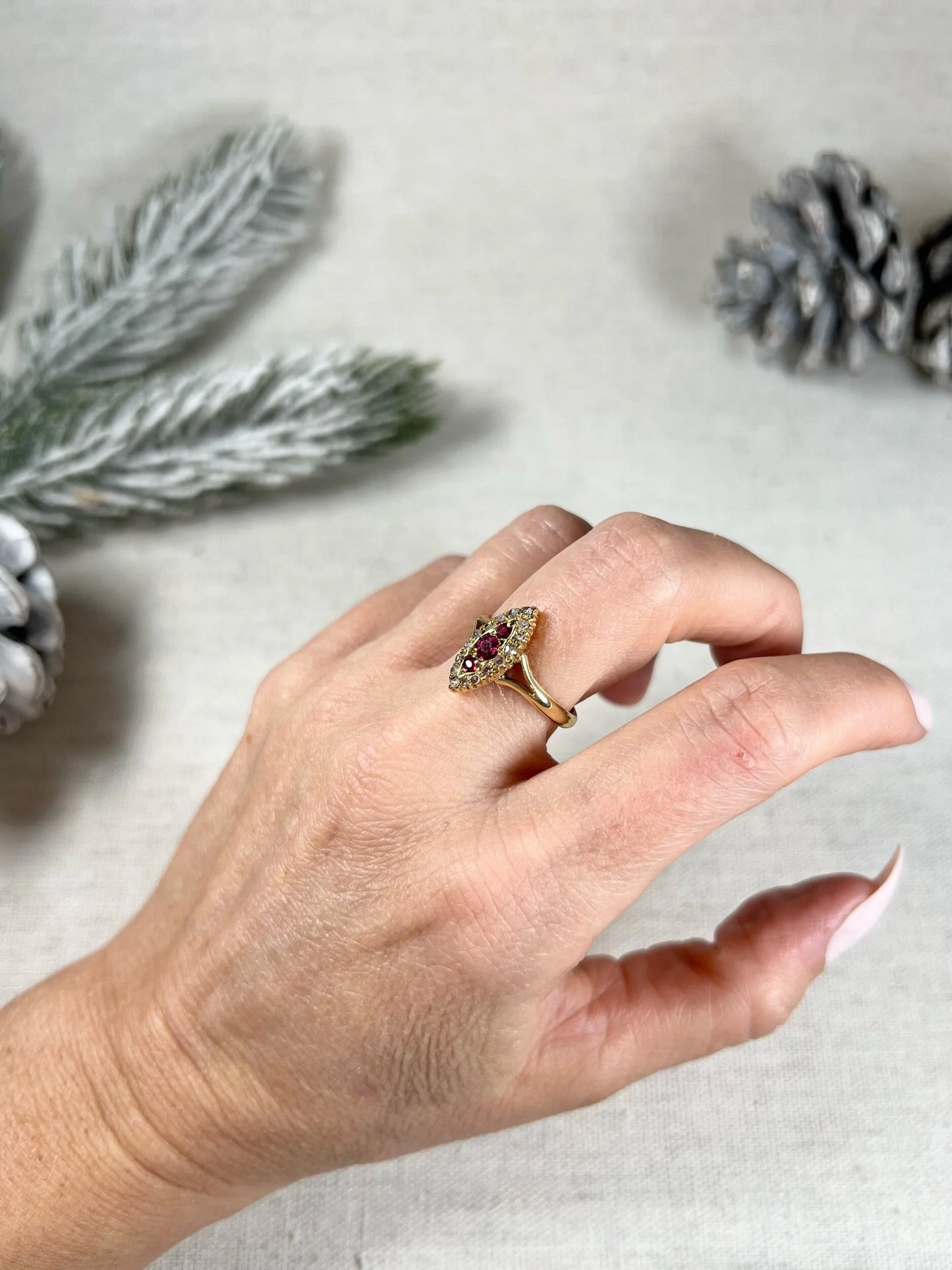 Antique 18ct Gold, Victorian Ruby & Diamond Marquise Navette Shaped Ring