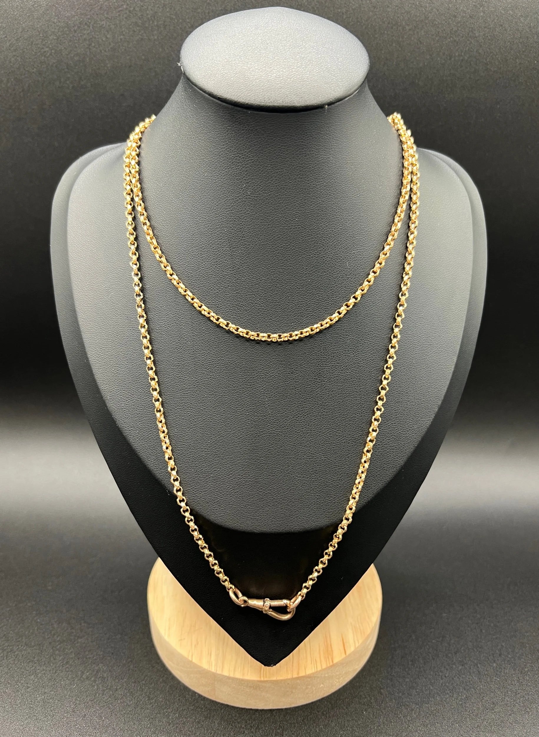 Antique 9 ct Rose Gold Belcher Chain: Edwardian Swivel Dog Clip, 32 Inch