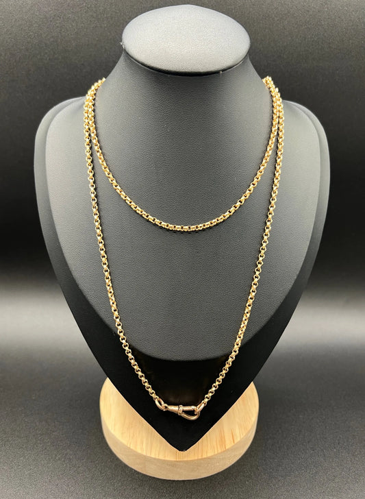 Antique 9ct Rose Gold Belcher Chain: Edwardian Swivel Dog Clip, 32 Inch