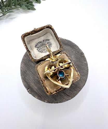 Antique 15ct Gold Heart Pendant/Brooch: Victorian Enamel, Turquoise, Seed Pearls
