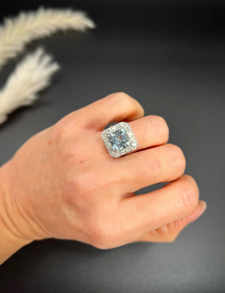 Art Deco Square Cut Aquamarine and Diamond Cluster Ring
