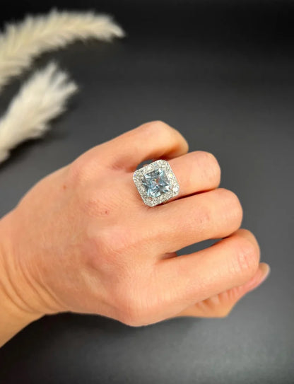 Art Deco Square Cut Aquamarine and Diamond Cluster Ring