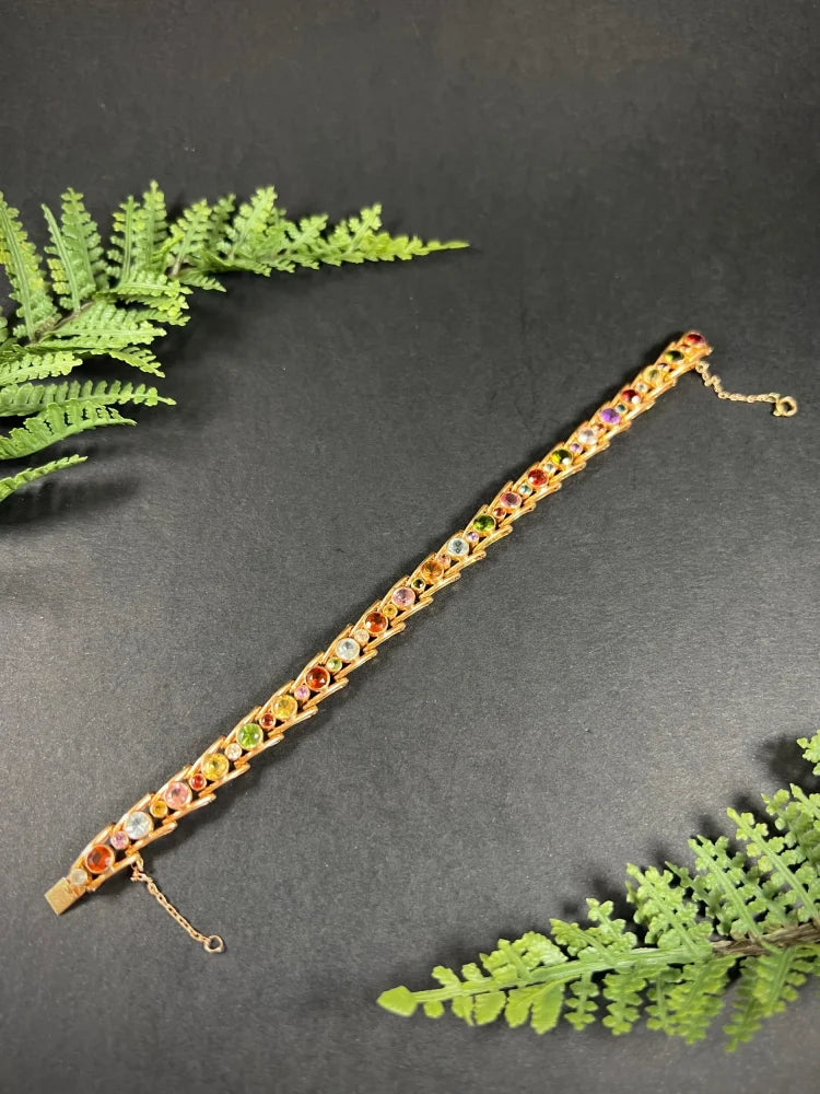 Vintage Aquamarine Peridot Citrine and Pink Tourmaline Harlequin Bracelet in 18ct Rose Gold