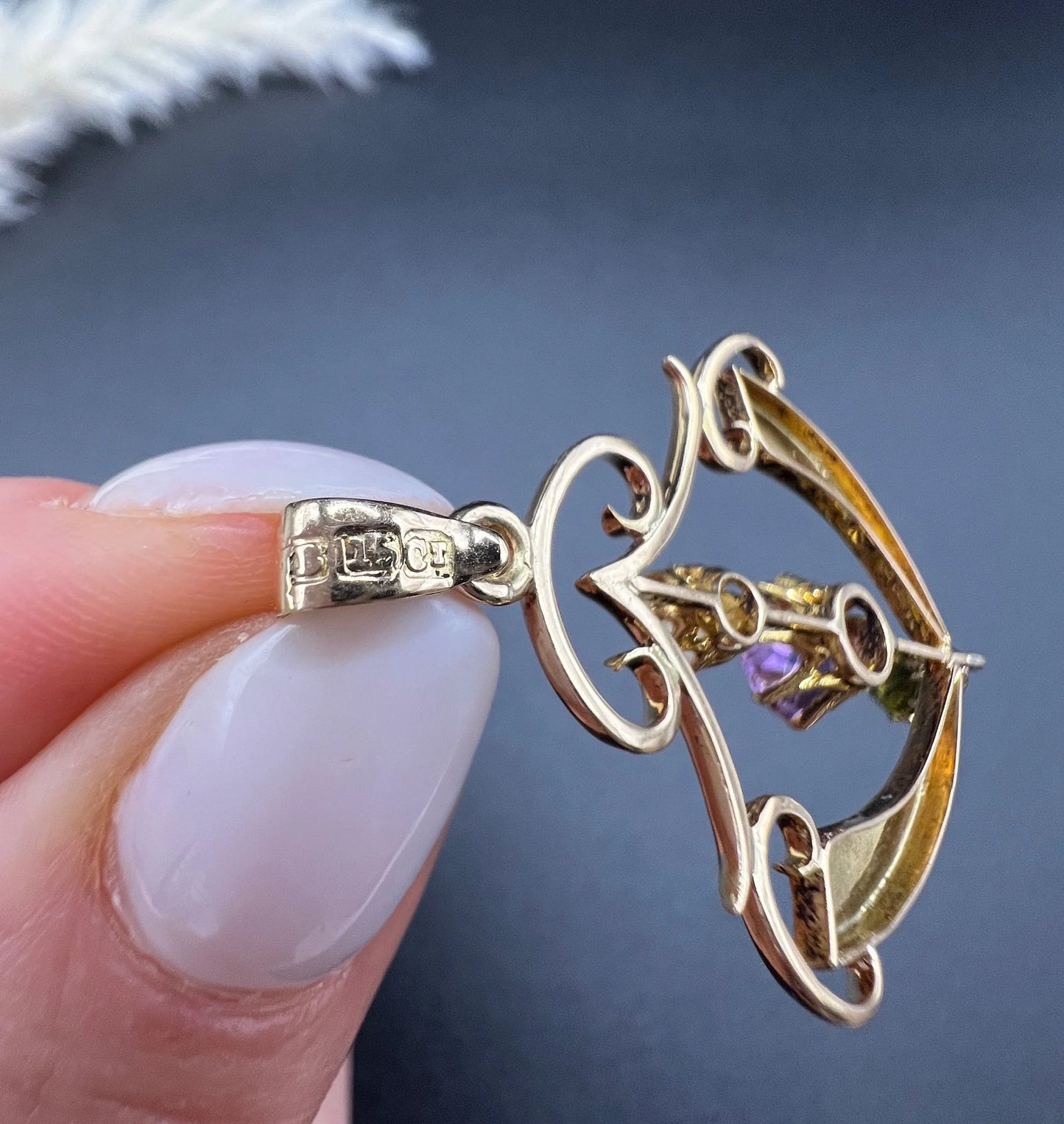 Antique 9ct Gold, Edwardian Amethyst, Pearl & Peridot Suffragette Pendant