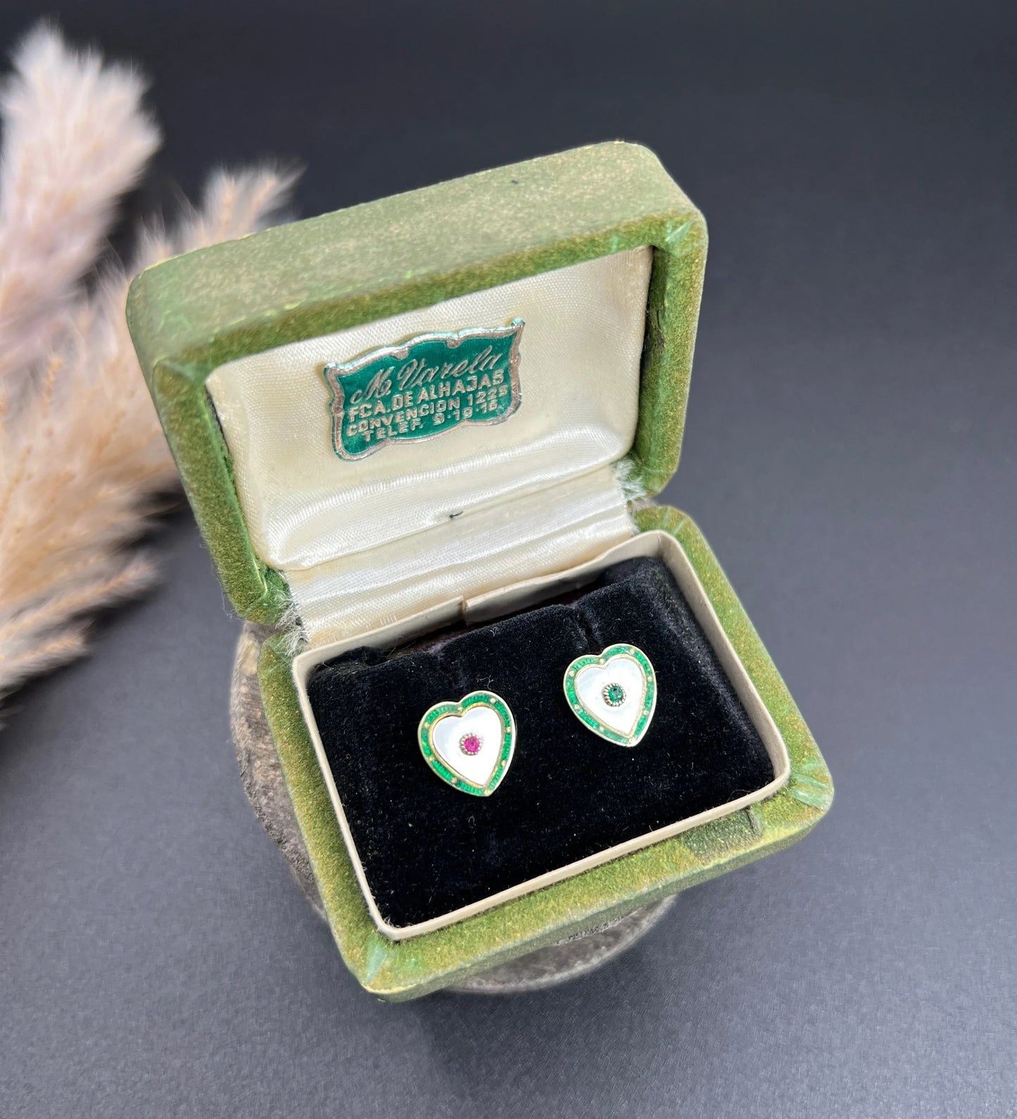 Antique 15ct Yellow Gold, 1920s Mother of Pearl, Green Enamel, Ruby & Emerald Heart Shaped Stud Earrings