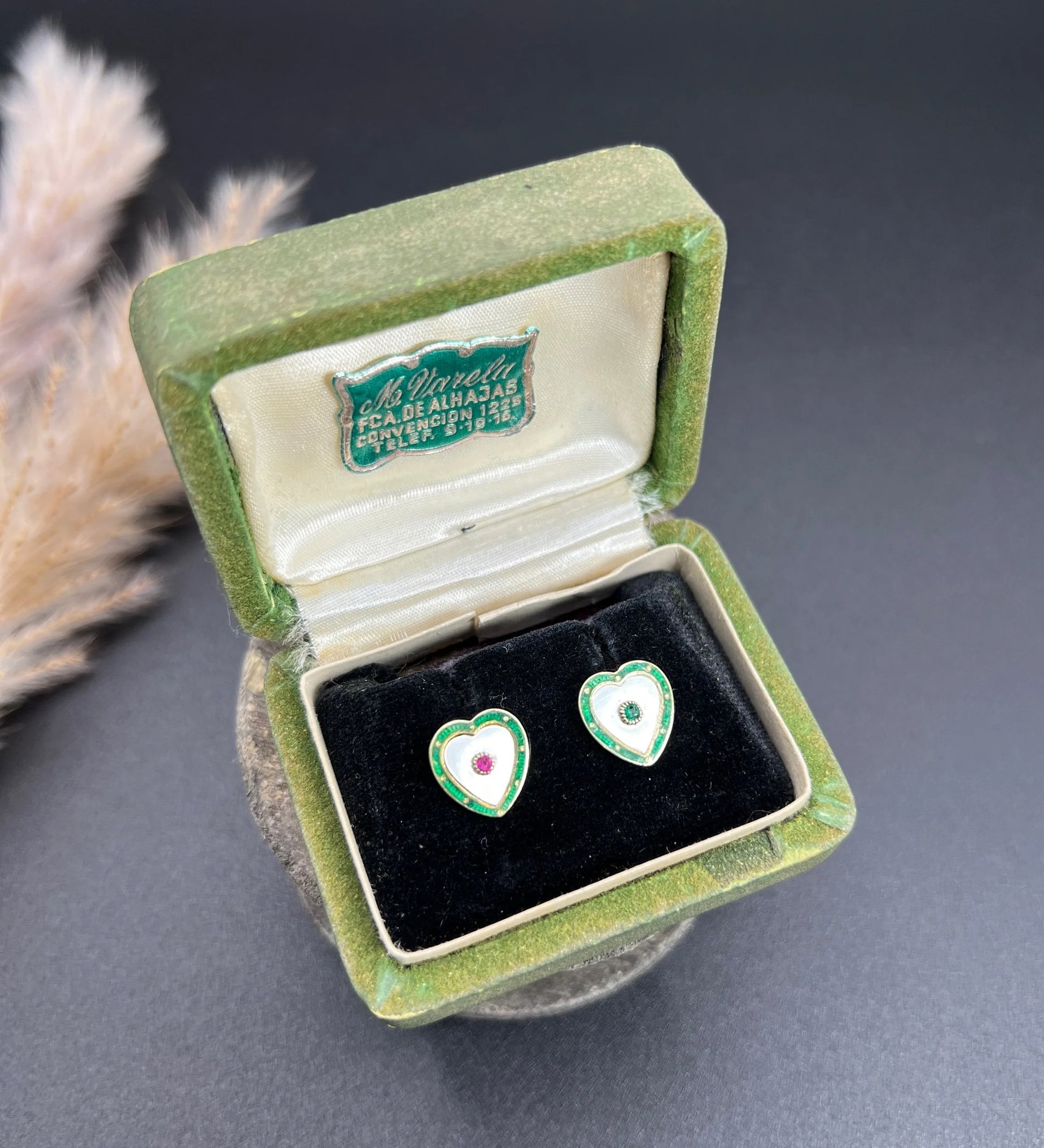Antique 15ct Yellow Gold, 1920s Mother of Pearl, Green Enamel, Ruby & Emerald Heart Shaped Stud Earrings