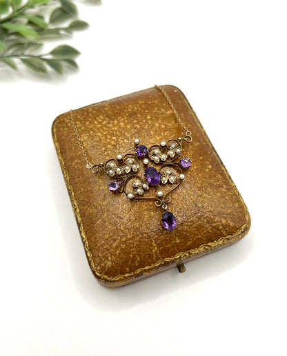 Antique 9 Carat Rose Gold Amethyst and Seed Pearl Pendant Necklace