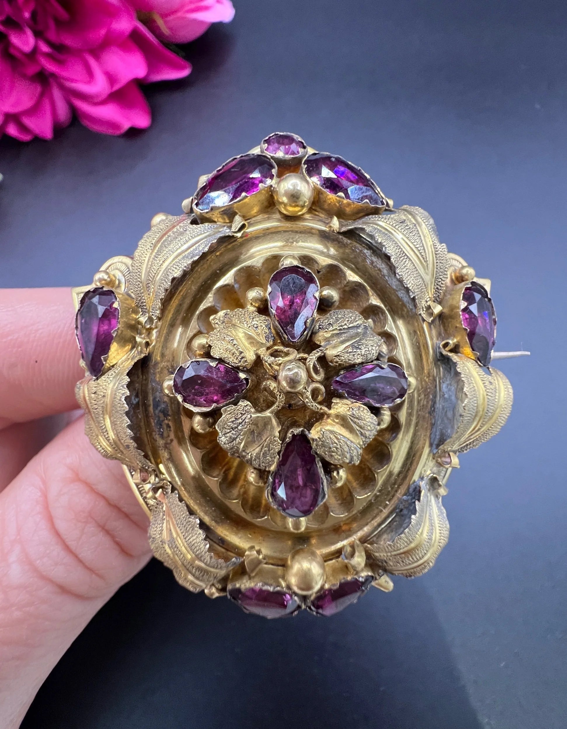 Antique 15ct Gold, Victorian Almandine Garnet Etruscan Design, Locket Back Brooch