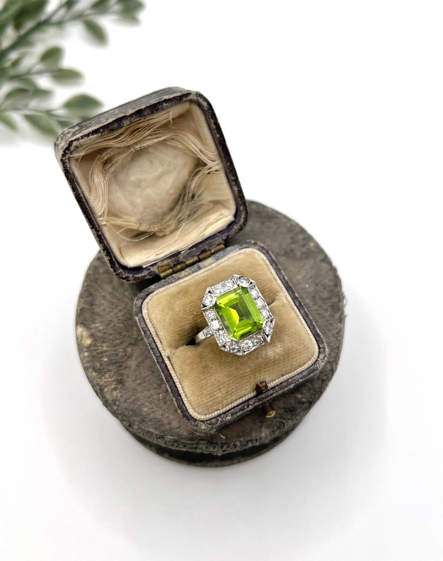 Antique 18ct White Gold & Platinum, 1920s Peridot and Diamond Rectangular Halo Cluster Ring