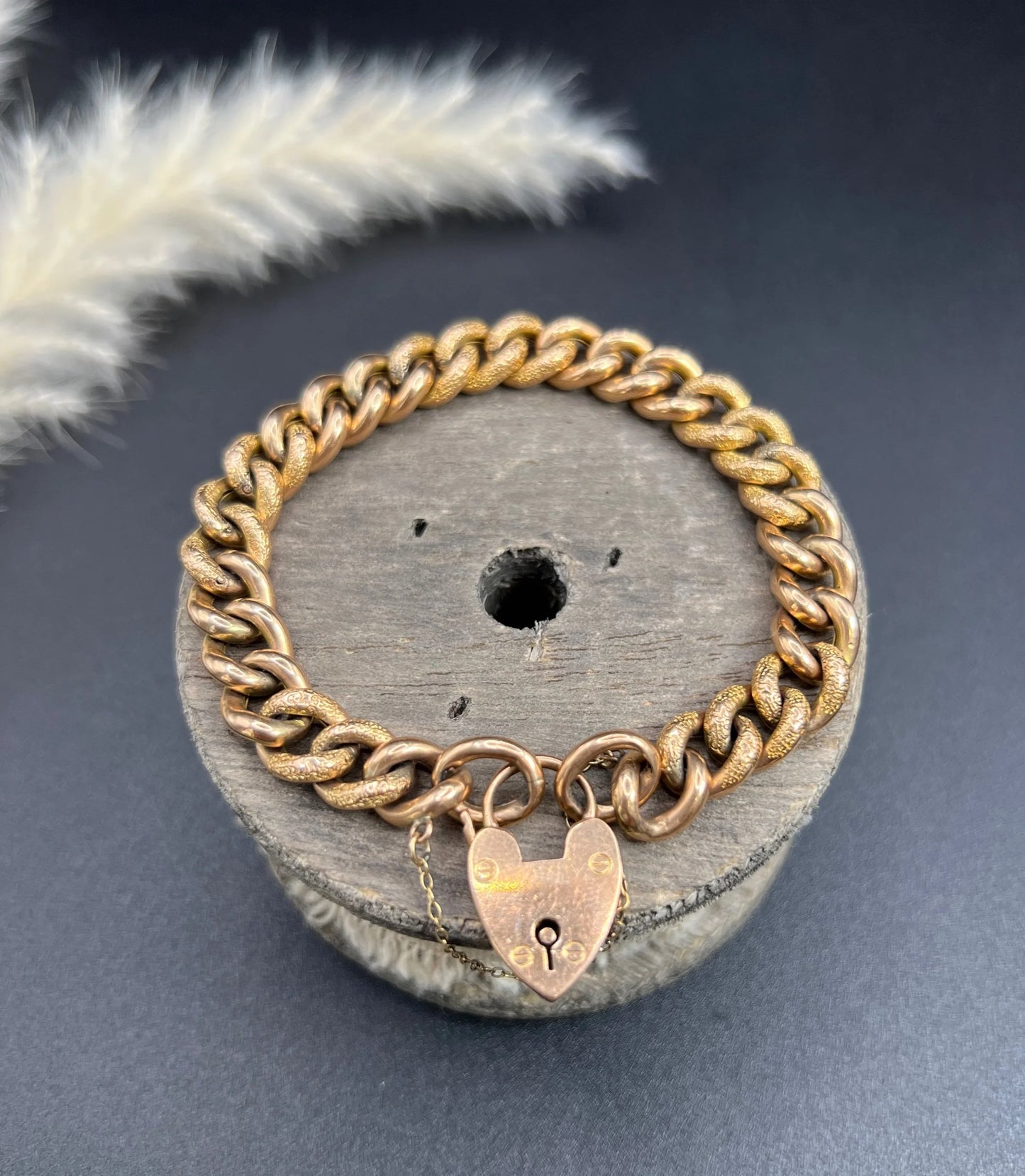 Antique 9 Carat Rose Gold Night and Day Floral Curb Bracelet with Heart Padlock