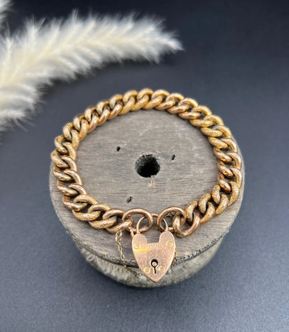 Antique 9 Carat Rose Gold Night and Day Floral Curb Bracelet with Heart Padlock