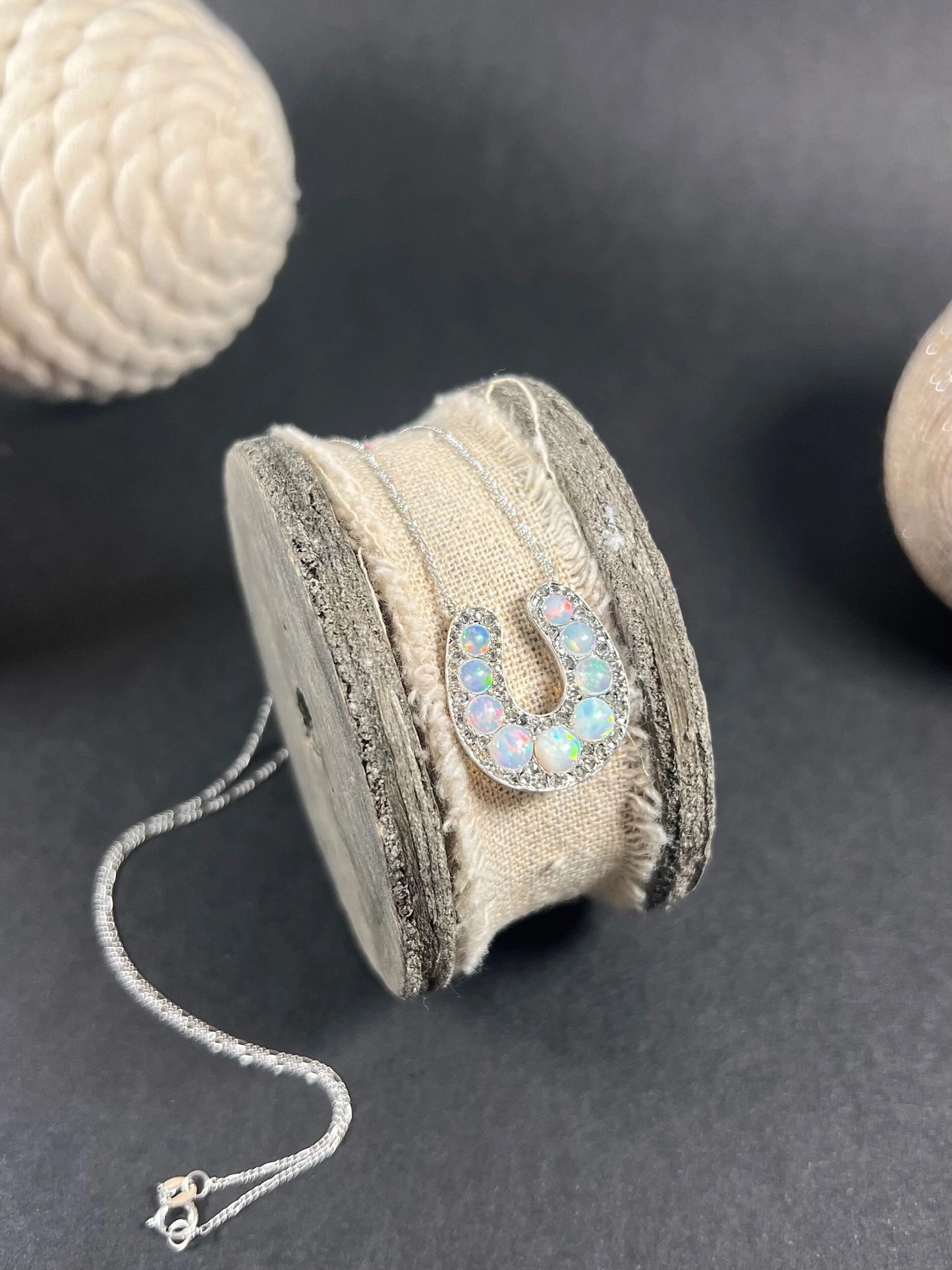 Victorian 18 Carat White Gold Opal and Diamond Lucky Horseshoe Pendant Necklace