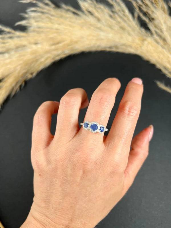 Sapphire And Diamond Cluster Trilogy Ring In Platinum