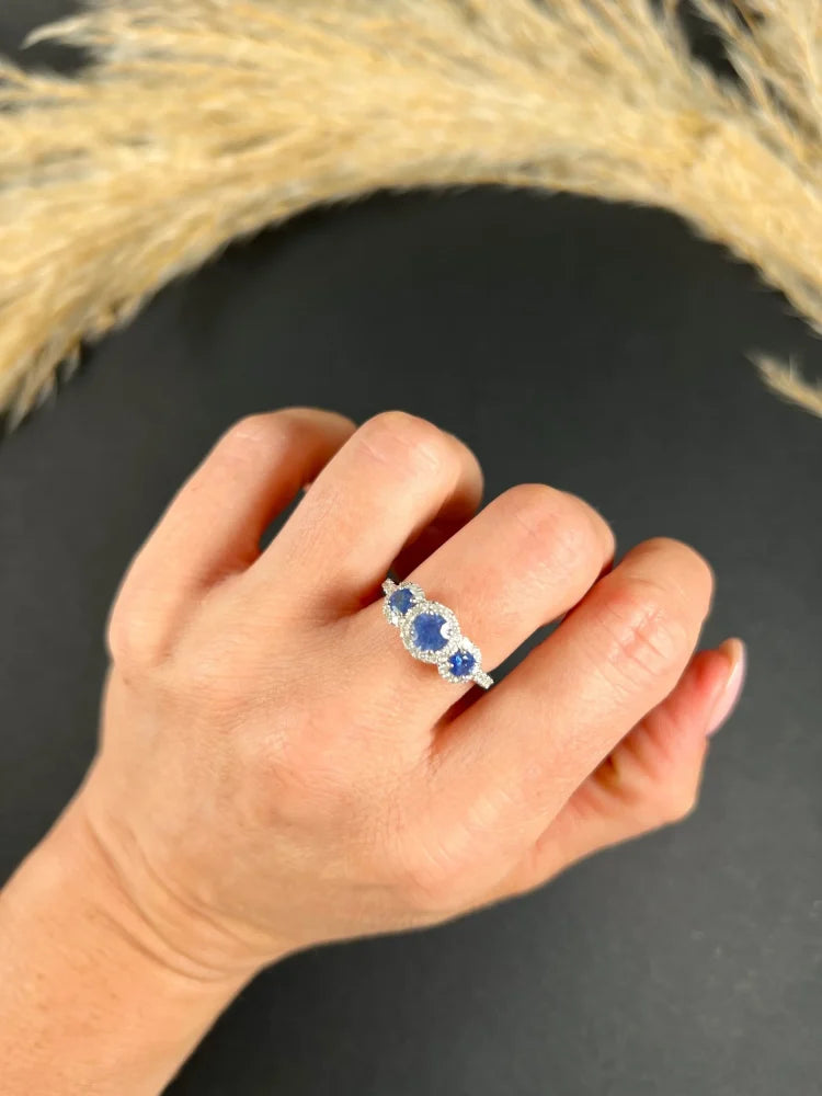 Sapphire And Diamond Cluster Trilogy Ring In Platinum