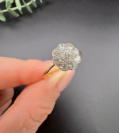 Antique 18ct Gold & Platinum, Edwardian 0.75 Carat Diamond Daisy Cluster Ring