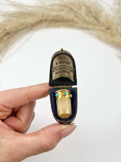 Antique 15ct Yellow Gold & Turquoise Victorian Gold Thimble with Original Antique Box