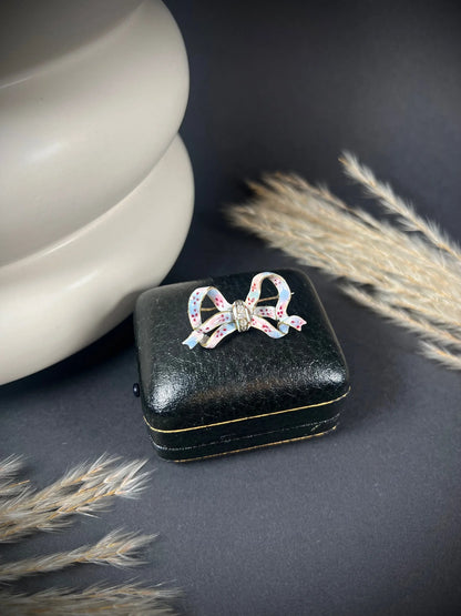 Antique 14 Carat Gold Floral Enamel and Diamond Bow Brooch, Circa 1900