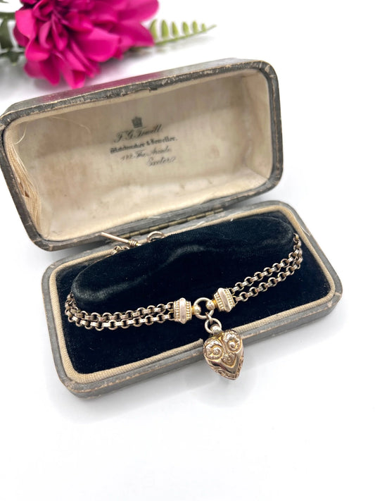 Antique 9ct Gold, Victorian Belcher Link Heart & T-bar Albertina Bracelet