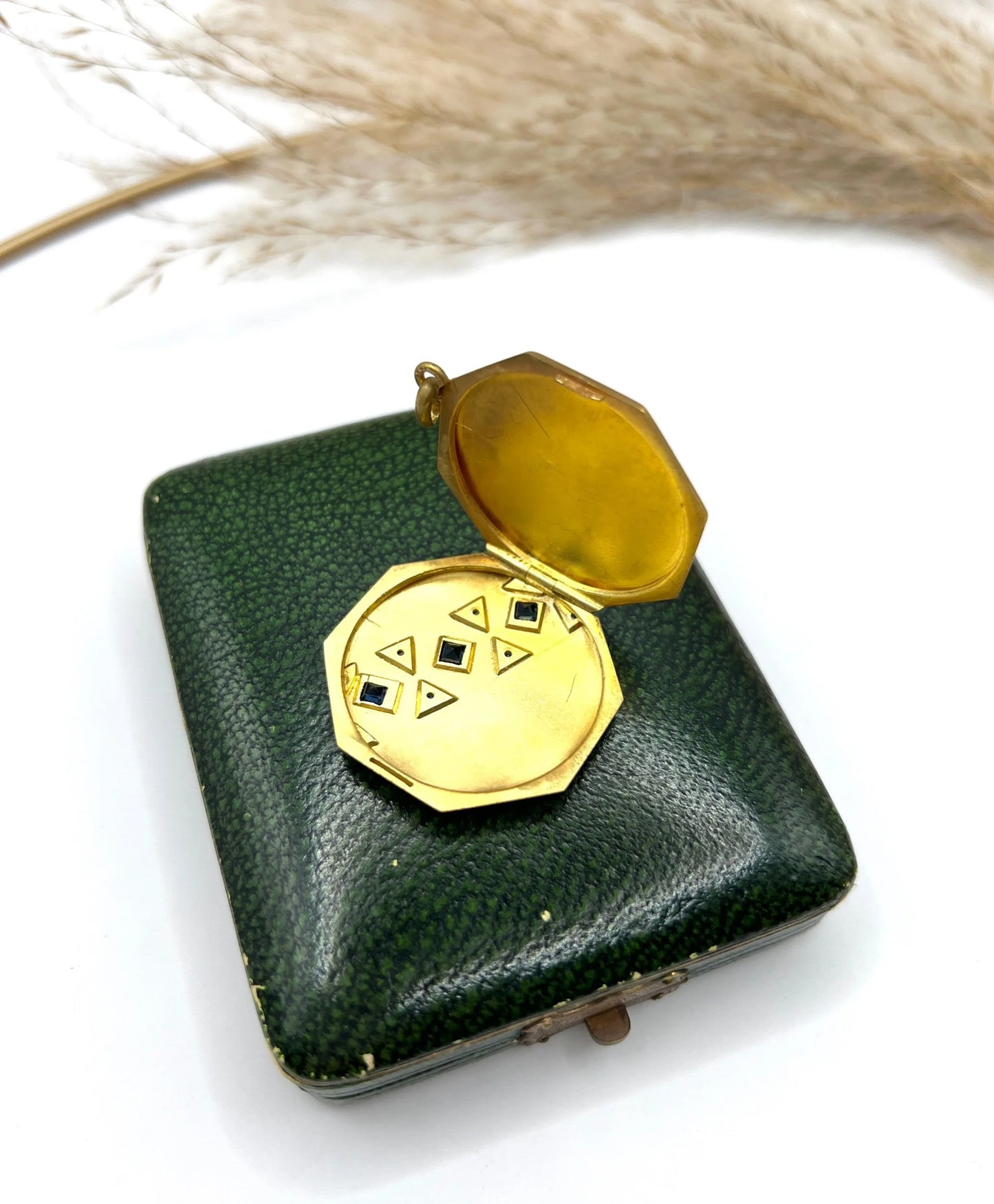 Vintage 15 Carat Yellow Gold Octagonal Shaped Sapphire and Diamond Locket, Circa 1930