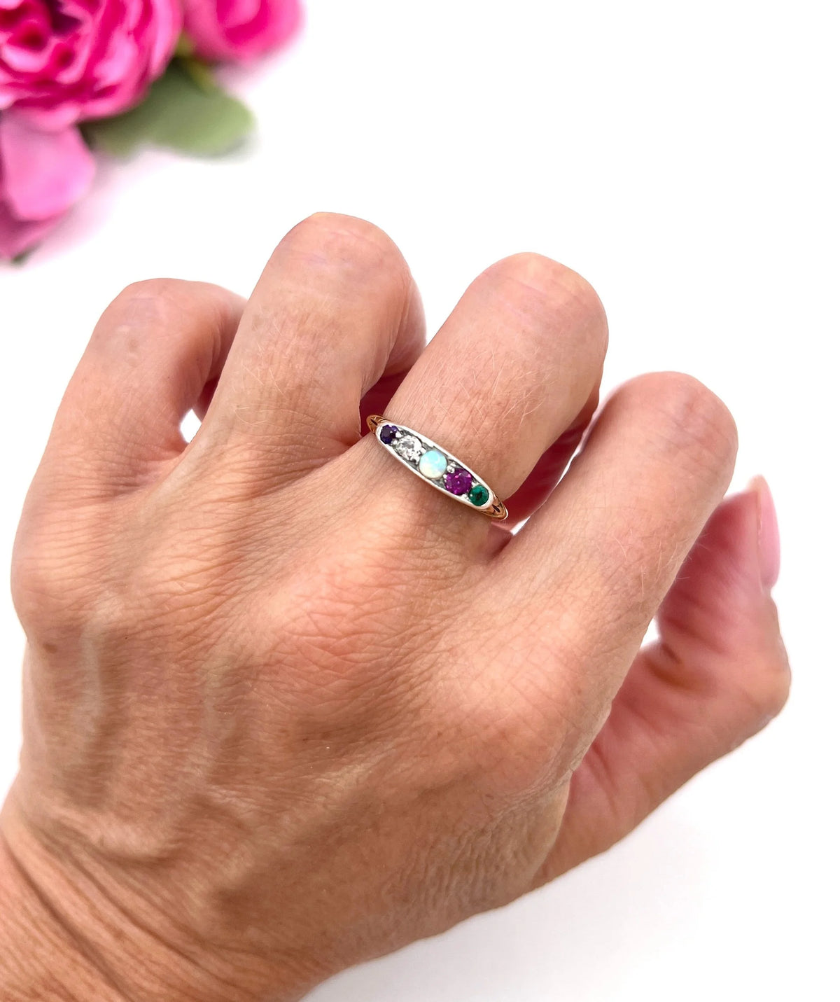 Antique 18 Carat Gold ADORE Amethyst, Diamond, Opal, Ruby and Emerald Acrostic Ring