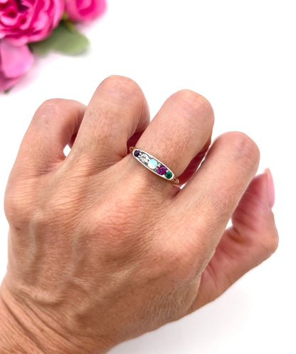 Antique 18 Carat Gold ADORE Amethyst, Diamond, Opal, Ruby and Emerald Acrostic Ring
