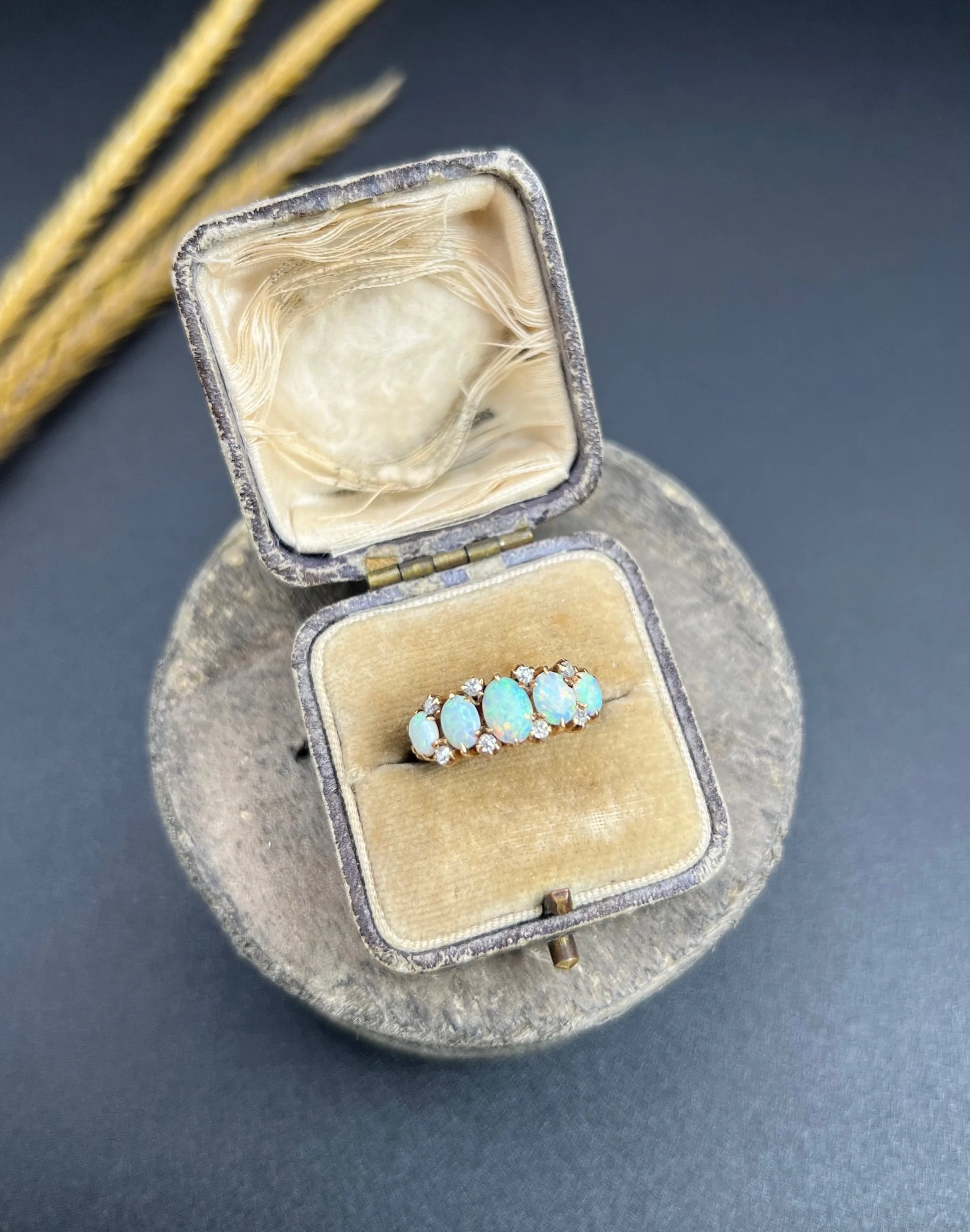Antique 14ct Yellow Gold Stamped, 1920s Opal & Diamond Five Stone Ring