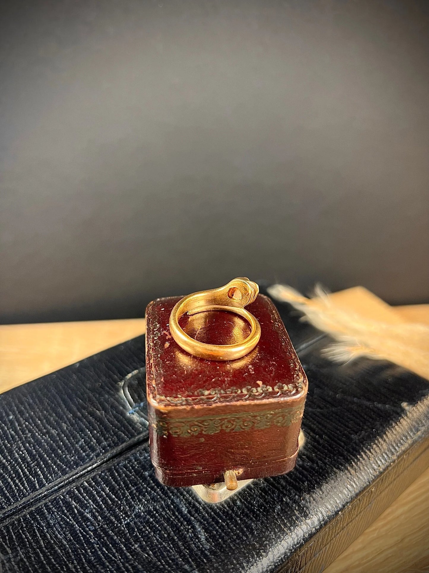 Antique 10ct Rose Gold, Victorian Garnet Headed Snake Ring