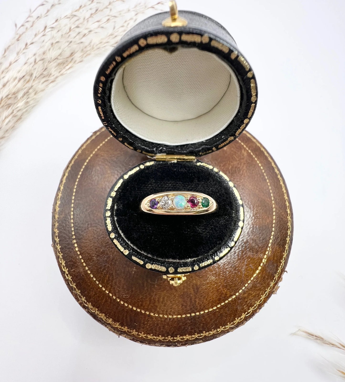 Antique 18ct Yellow Gold, Edwardian ADORE Amethyst, Diamond, Opal, Ruby & Emerald Boat Shaped Acrostic Ring, Hallmarked Birmingham