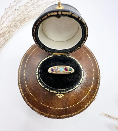 Antique 18ct Yellow Gold, Edwardian ADORE Amethyst, Diamond, Opal, Ruby & Emerald Boat Shaped Acrostic Ring, Hallmarked Birmingham