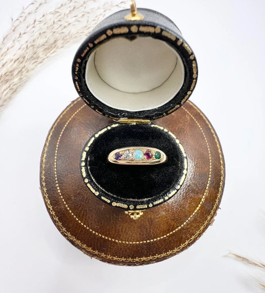 Antique 18ct Yellow Gold, Edwardian ADORE Amethyst, Diamond, Opal, Ruby & Emerald Boat Shaped Acrostic Ring, Hallmarked Birmingham