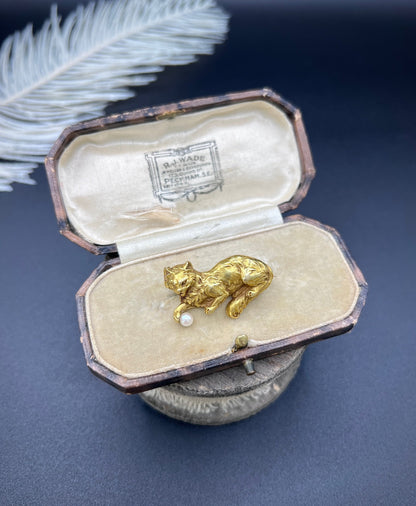 Edwardian 18 Carat Gold Cat Playing with Pearl Ball Brooch, Circa 1910