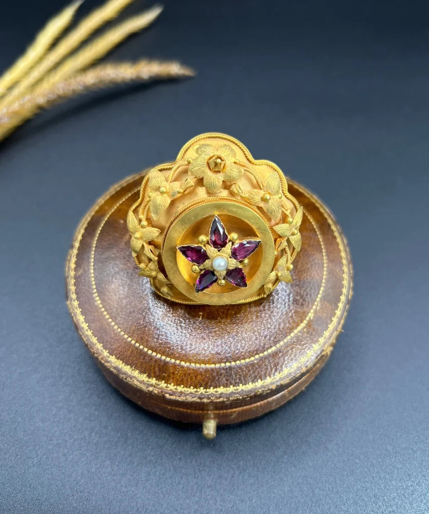 Antique Floral Etruscan Brooch In 15 Carat Yellow Gold