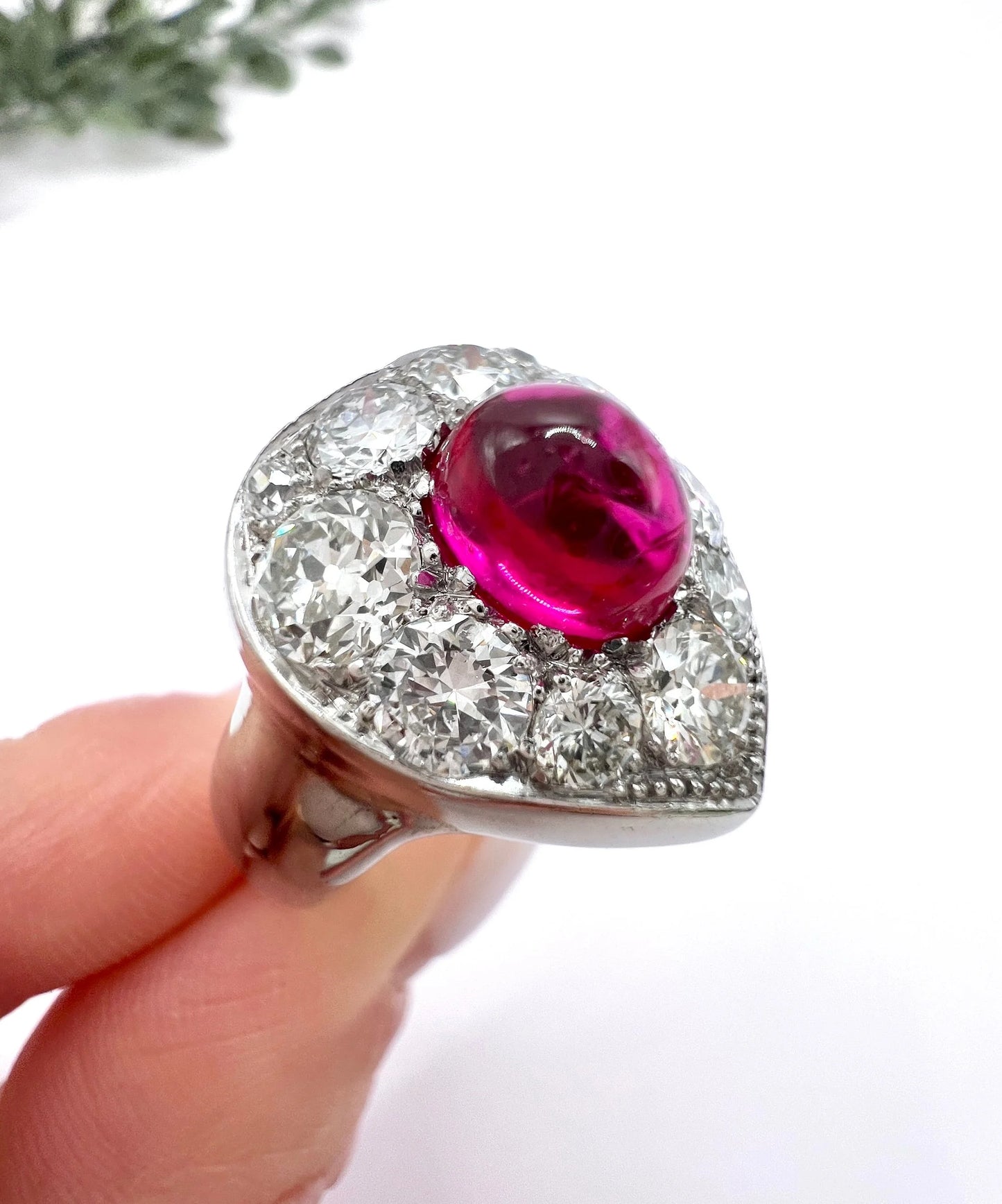 Vintage 14ct White Gold, Cabochon Ruby Heart-Shaped Diamond Cluster Ring