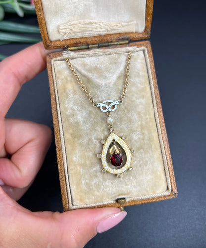 Antique 15 ct Gold, Edwardian Garnet, Diamond, Seed Pearl And Enamel Pendant Necklace