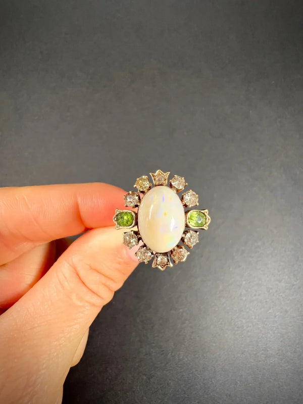 Victorian Antique Opal Diamond and Demantoid Garnet Cluster Ring