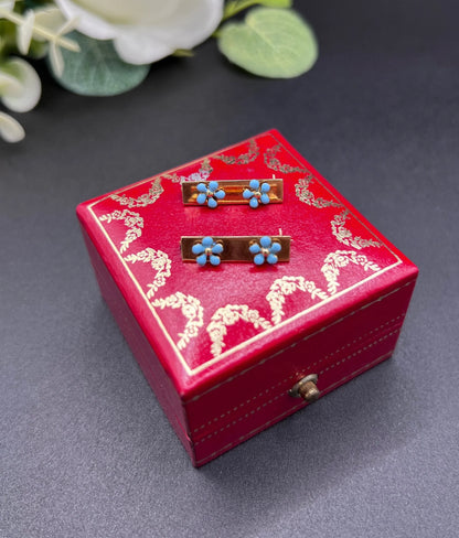 Antique 14 ct Gold, 1920's Cartier Turquoise Enamel Forget Me Not Collar Pins