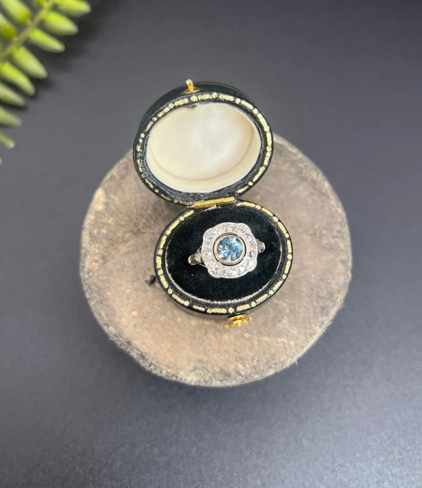 Antique Aquamarine And Diamond Cluster Ring In 18 Carat Yellow Gold And Platinum