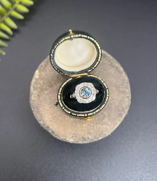 Antique Aquamarine And Diamond Cluster Ring In 18 Carat Yellow Gold And Platinum