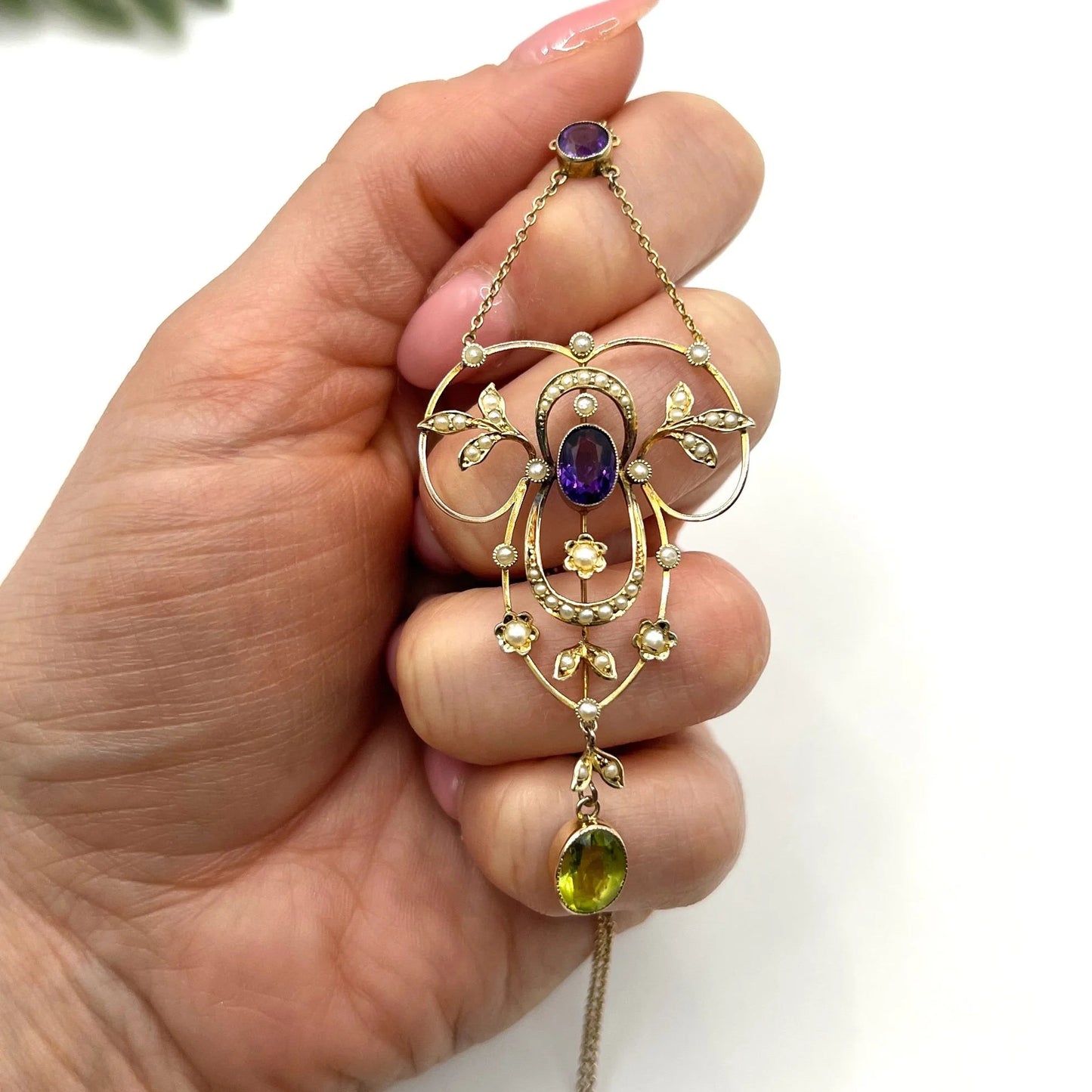 Antique Edwardian 9ct Gold Stamped Suffragette Pendant Necklace with Amethyst Peridot Seed Pearls