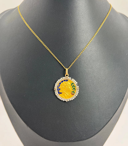 Antique 18 Carat Yellow Gold Plique a Jour and Seed Pearl Lady Portrait Pendant