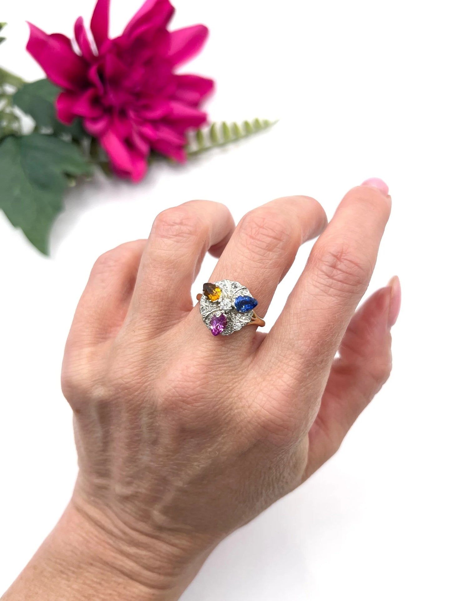 Vintage 18ct Gold, 1980s Natural Sapphire, Pink Sapphire & Citrine Cocktail Ring