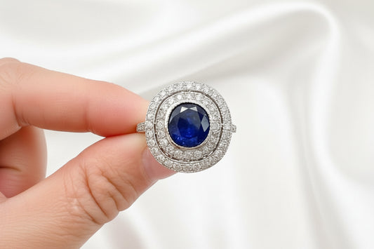 Vintage Sapphire and diamond double halo engagement ring white gold , round. 