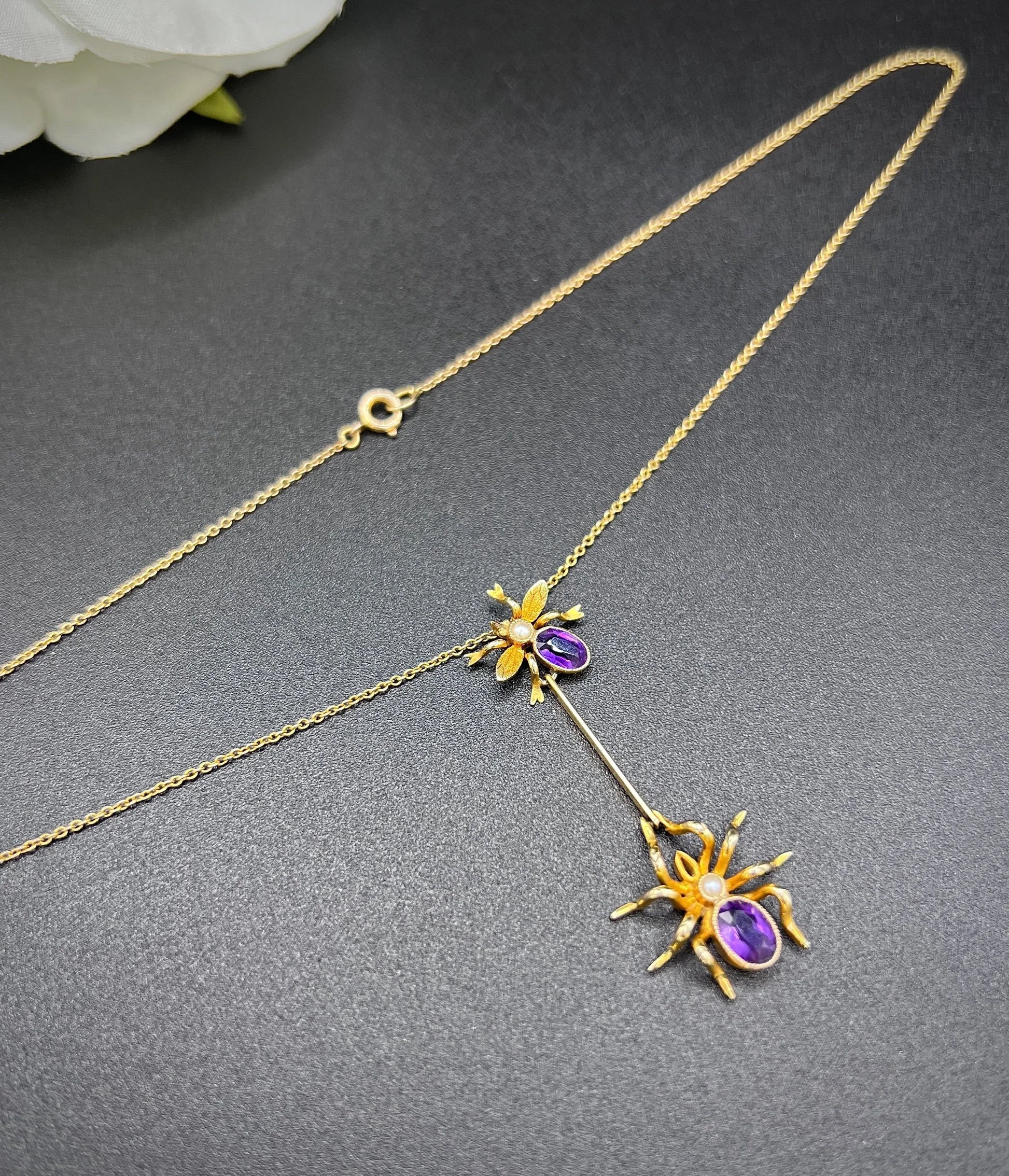 Antique 9 ct Gold, Edwardian Amethyst Spider And Fly Bug Pendant Necklace
