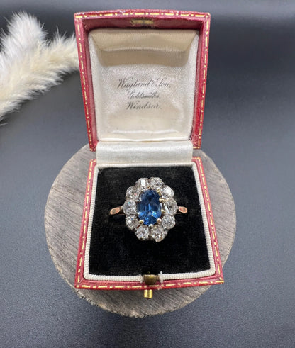Victorian 18 Carat Yellow Gold, Sapphire and Diamond Oval Cluster Ring, Circa 1880