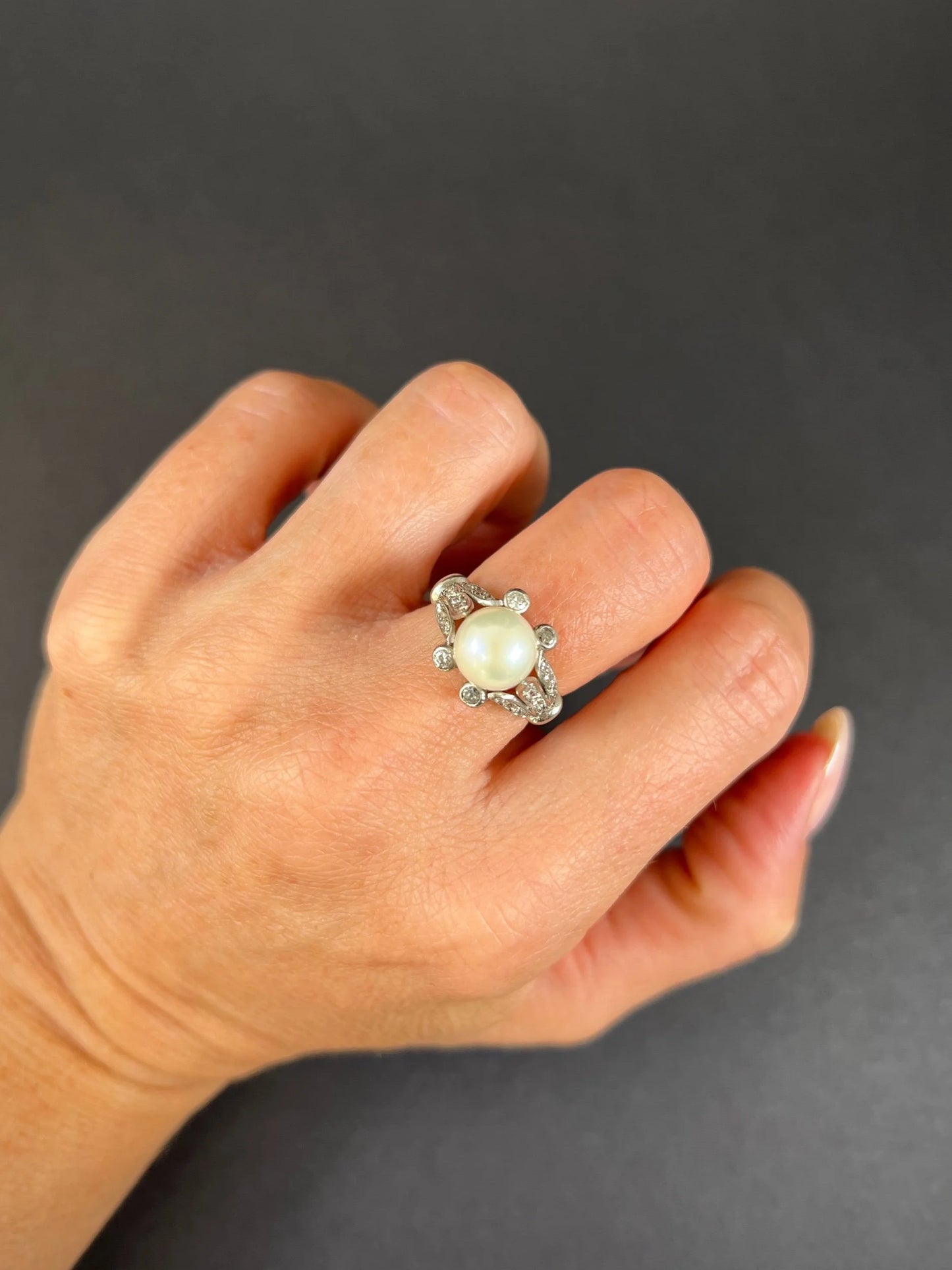 Antique 18ct White Gold, Edwardian Cultured Pearl & Old Cut Diamond Ring