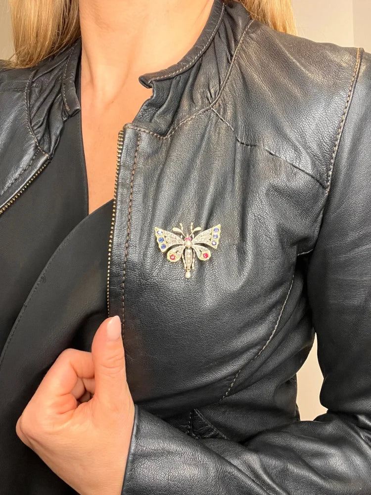 Antique Butterfly Brooch in 18 Carat Rose Gold And Silver With Gemstones