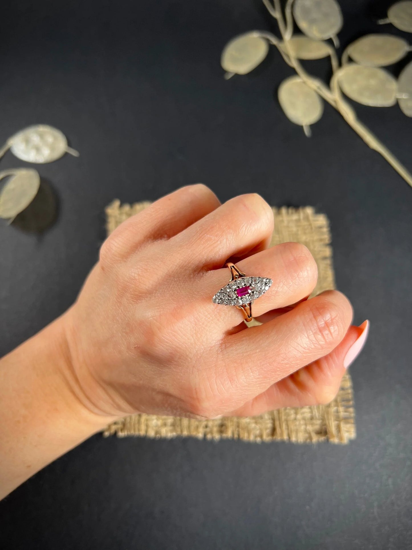 Antique Victorian 18 ct Gold Ruby And Diamond Marquise Ring