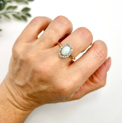Antique 10 Carat Yellow Gold Victorian Opal And Diamond Cluster Ring